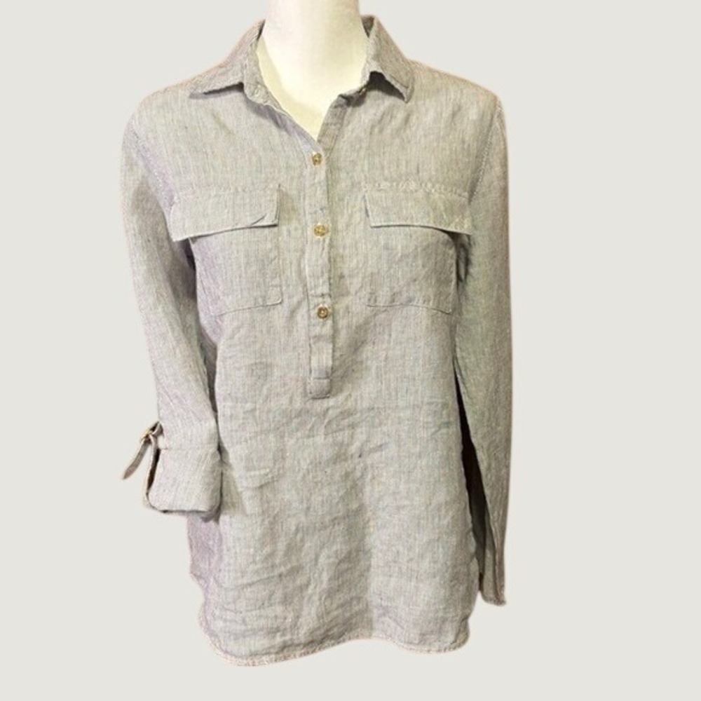 Ellen Tracy 100% Linen Gray White Striped Tunic Roll Tab Sleeve Top Small
